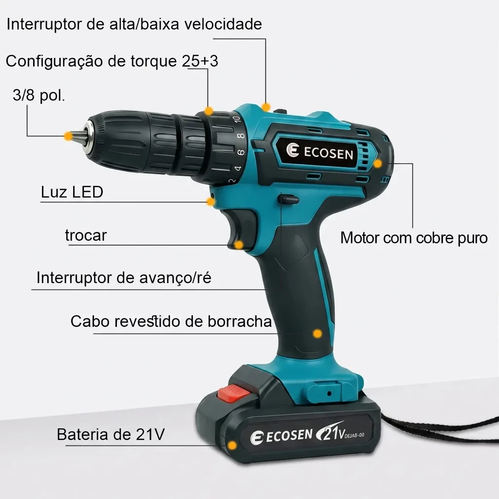 Parafusadeira Furadeira de Impacto Sem Fio 21V Bivolt 110/220V Kit Maleta com 2 Baterias 28 Peças — imagem 3