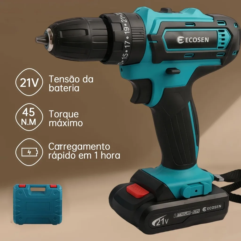 Parafusadeira Furadeira de Impacto Sem Fio 21V Bivolt 110/220V Kit Maleta com 2 Baterias 28 Peças — imagem 6