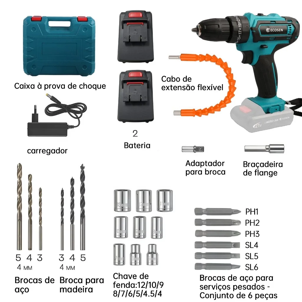 Parafusadeira Furadeira de Impacto Sem Fio 21V Bivolt 110/220V Kit Maleta com 2 Baterias 28 Peças — imagem 10