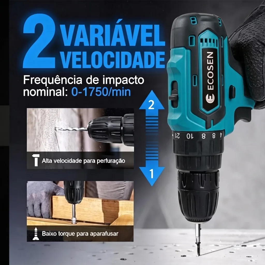 Parafusadeira Furadeira de Impacto Sem Fio 21V Bivolt 110/220V Kit Maleta com 2 Baterias 28 Peças — imagem 5