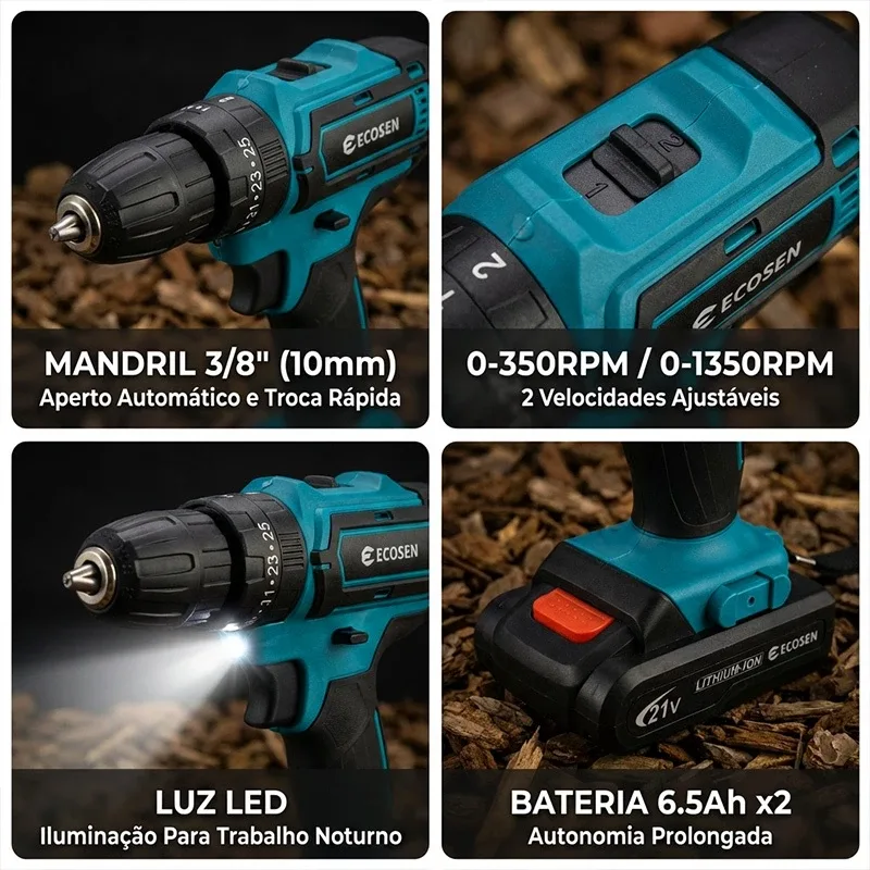 Parafusadeira Furadeira de Impacto Sem Fio 21V Bivolt 110/220V Kit Maleta com 2 Baterias 28 Peças — imagem 7