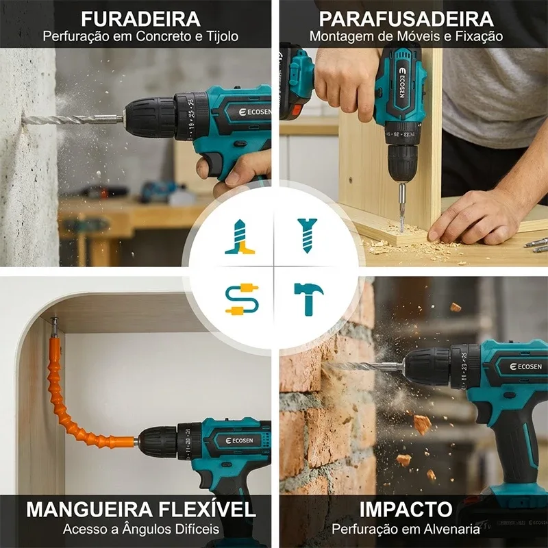Parafusadeira Furadeira de Impacto Sem Fio 21V Bivolt 110/220V Kit Maleta com 2 Baterias 28 Peças — imagem 4