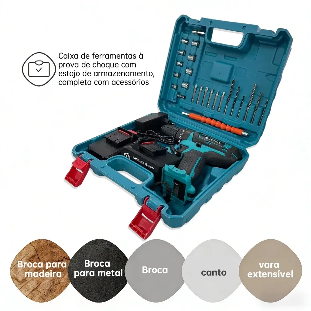 Parafusadeira Furadeira de Impacto Sem Fio 21V Bivolt 110/220V Kit Maleta com 2 Baterias 28 Peças — imagem 9