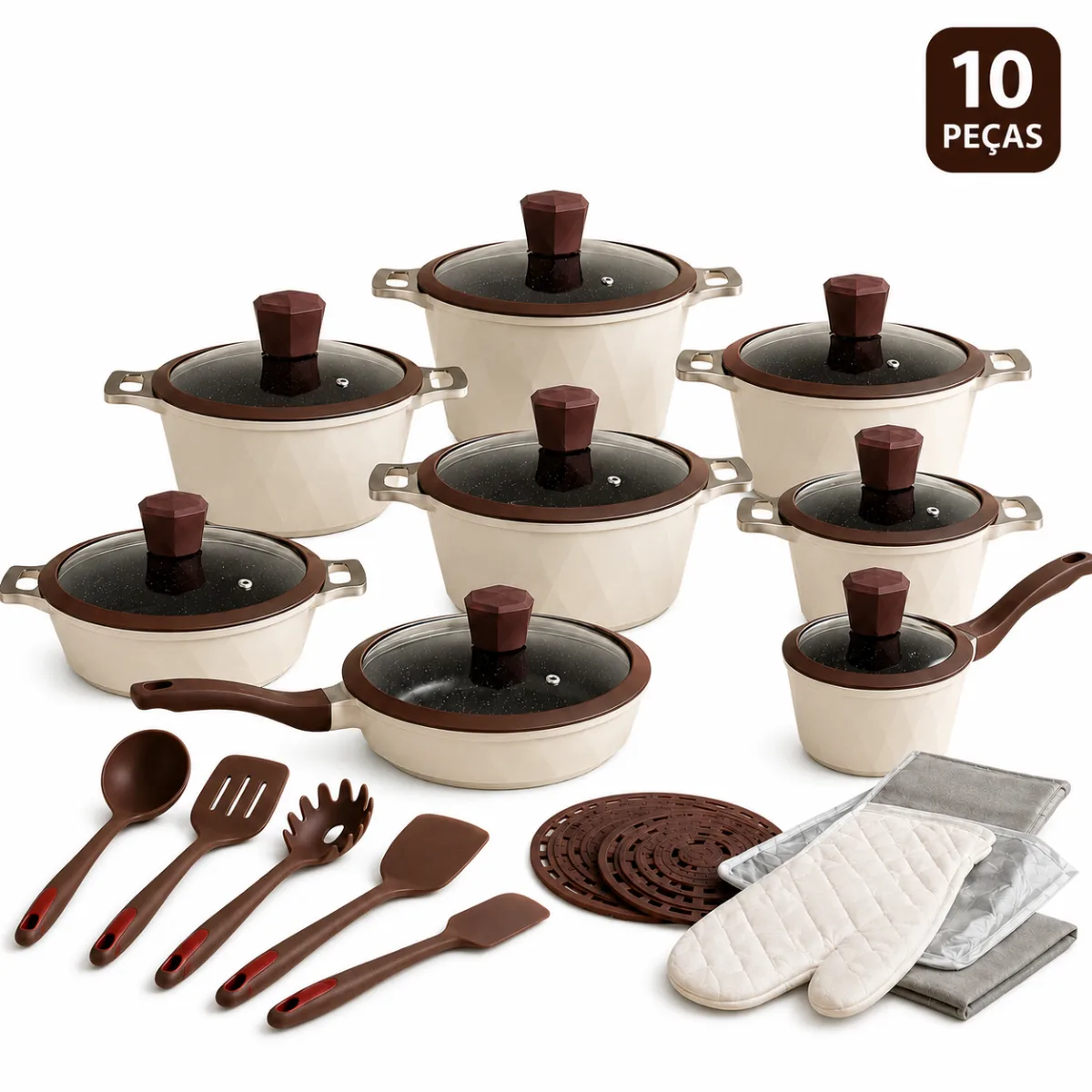 Jogo de Panelas 10 Peças Antiaderente com Tampa de Vidro Temperado Bianco Vanilla - Kit D'italia Cozinha Completa — imagem 3